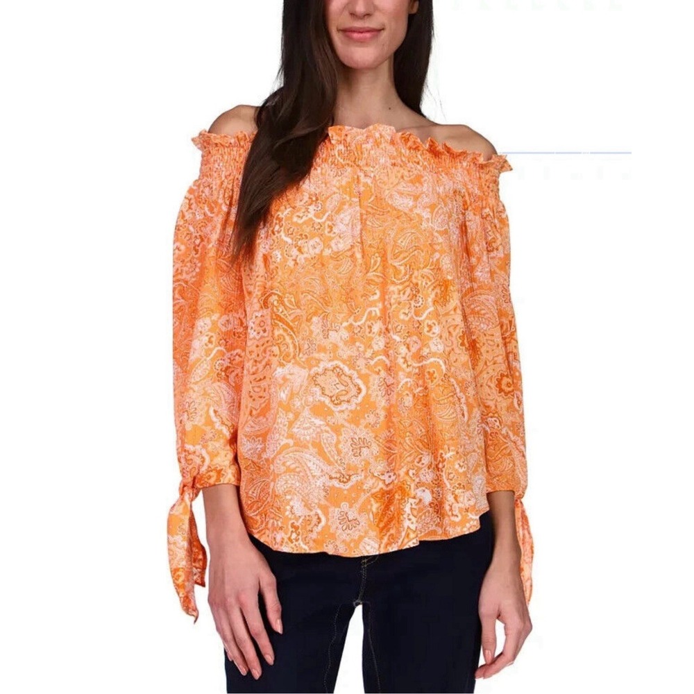 Michael Kors Large Orange Paisley Off The Shoulder Blouse‎ Peasant Top